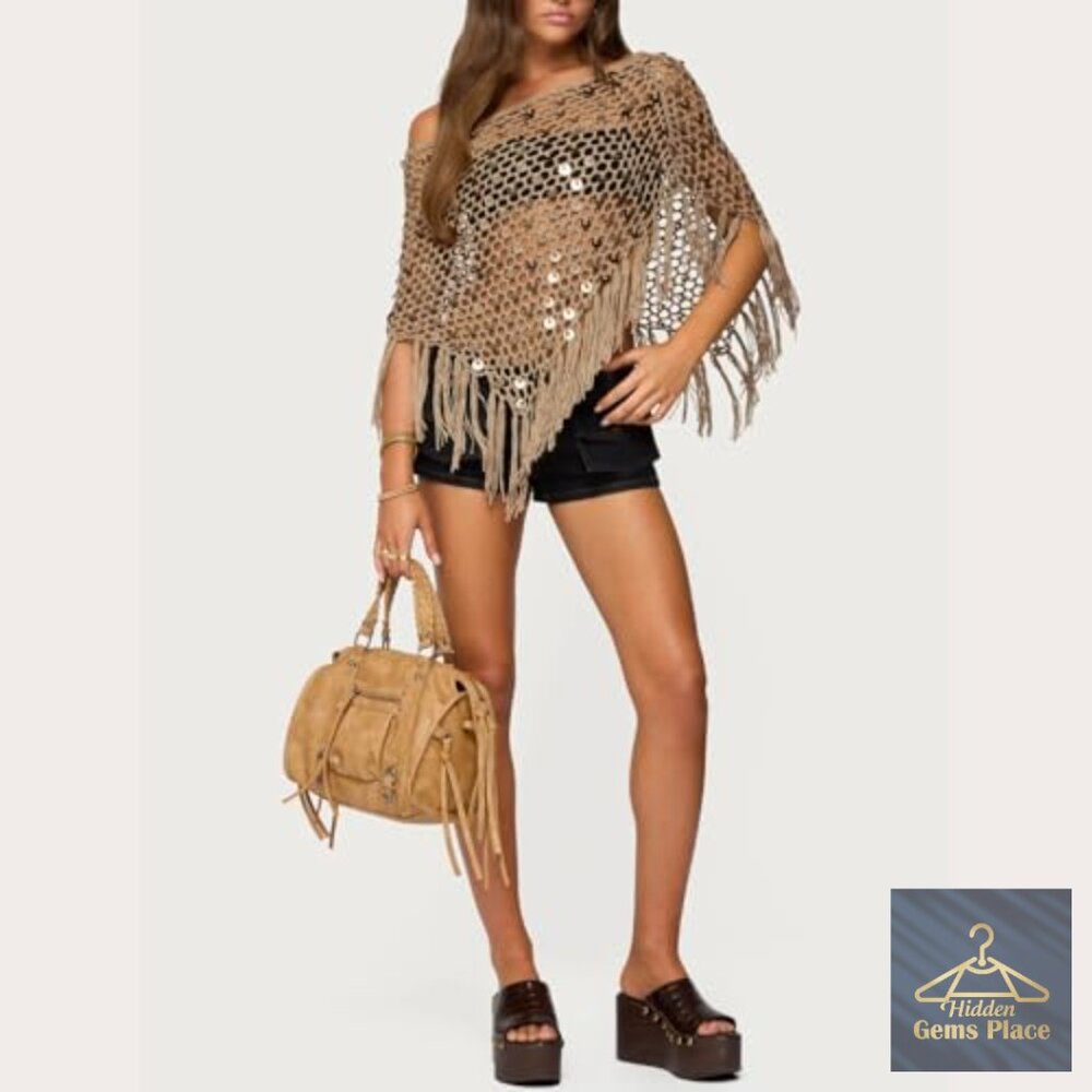 Sheer Mesh Knit Poncho Top Asymmetrical Beach Cover Up Lightweight - Picture 4 of 4